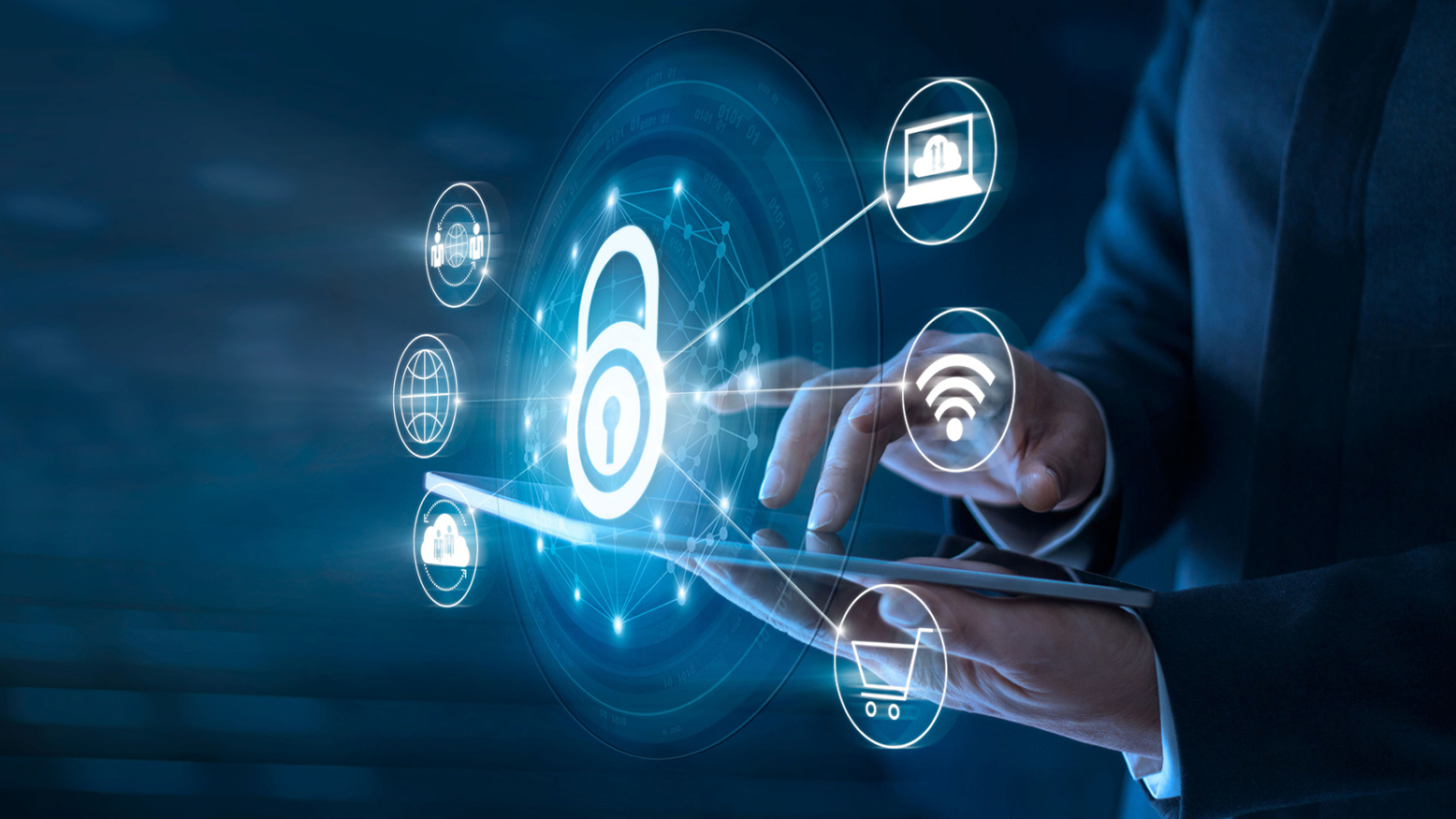 Businessman using tablet and set up network connection with shield guard to protected from cyber attacks. Network security system concept