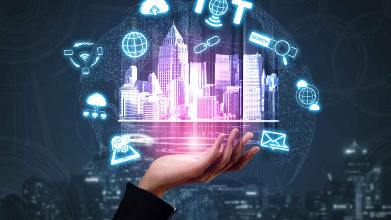 Internet of Things and Communication Technology Concept - Modern graphic interface showing smart information and digital lifestyle in application software for home and business use.