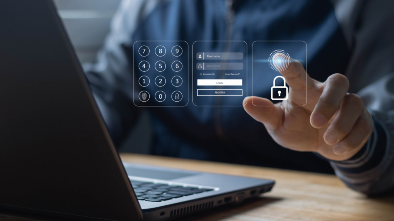 Concept of cyber security in biometric verification, multi-factor authentication, information security, encryption, secure access to user's personal information, secure Internet access, cybersecurity.