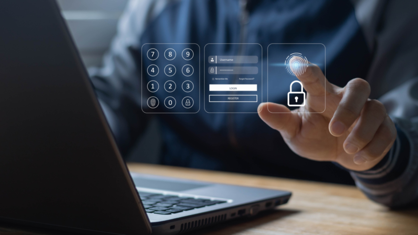 Concept of cyber security in biometric verification, multi-factor authentication, information security, encryption, secure access to user's personal information, secure Internet access, cybersecurity.