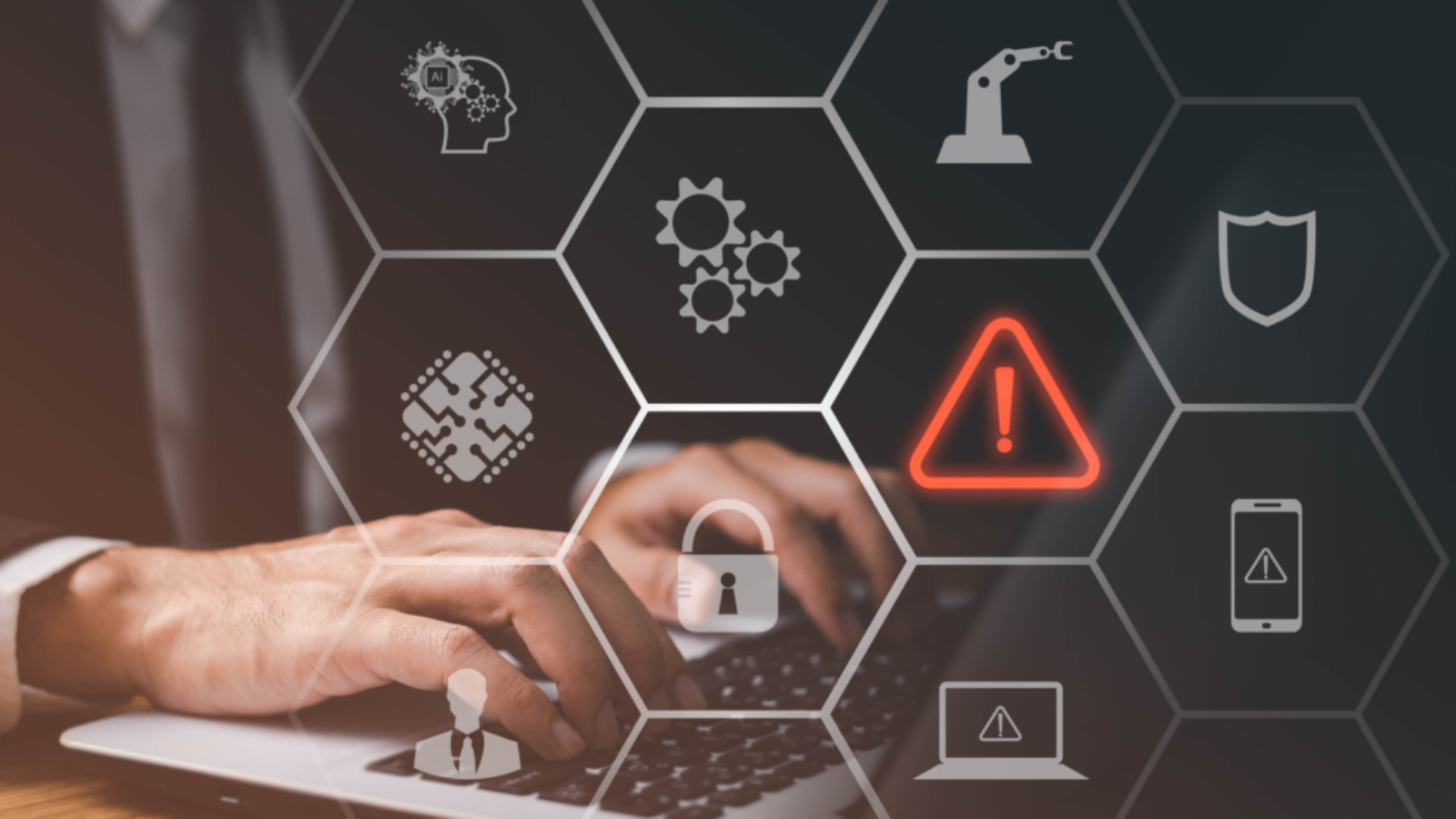 Error and maintenance alert. Businessman using computer laptop with triangle caution warning sing for notification error and maintenance concept.