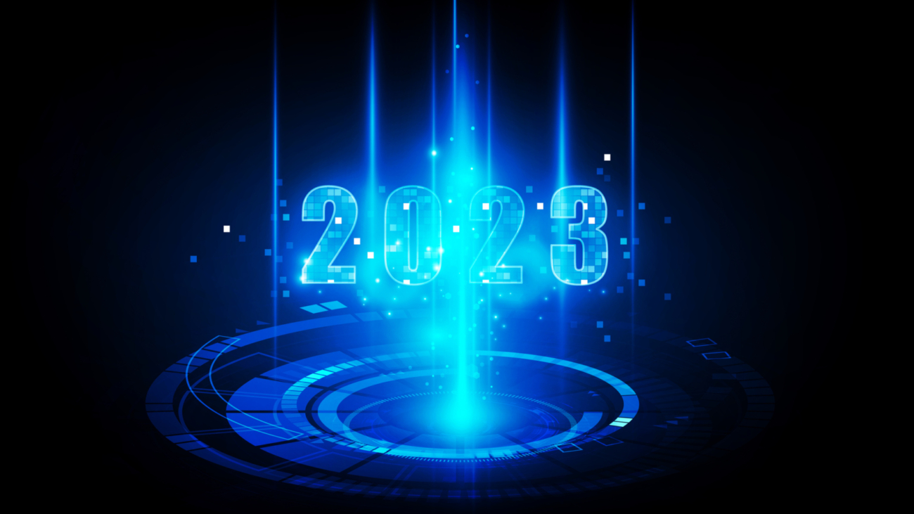 Abstract technology polygon Happy New Year 2023 Hitech communication concept innovation prevent and private key vector design