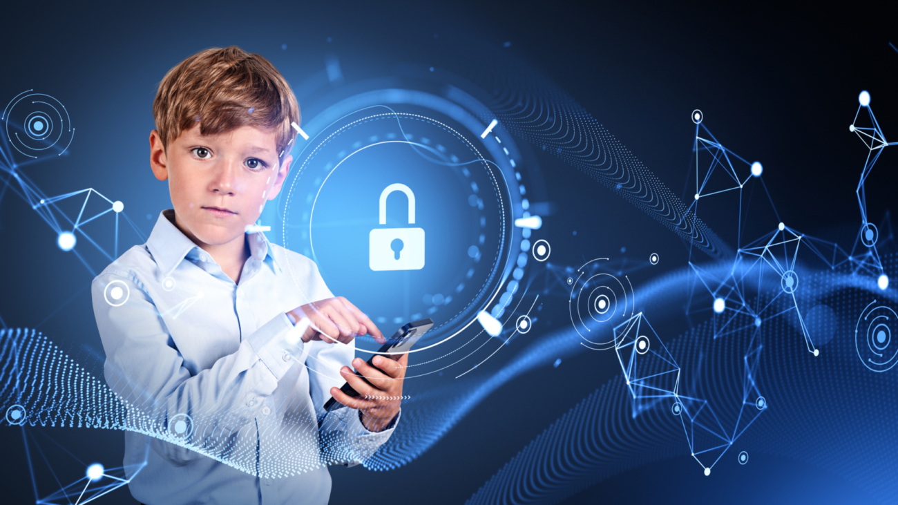 Concentrated boy finger touch smartphone, portrait looking at the camera. Lock hud hologram and abstract digital matrix lines. Concept of safe internet for kids and parental control