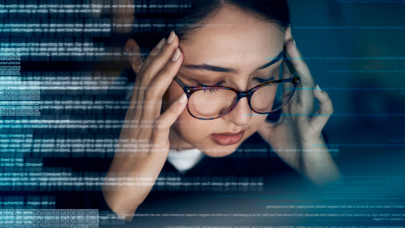 Programming, coding and stress with woman at night for software, headache and digital transformation. Data analytics, anxiety and future with employee and deadline for media, database and matrix