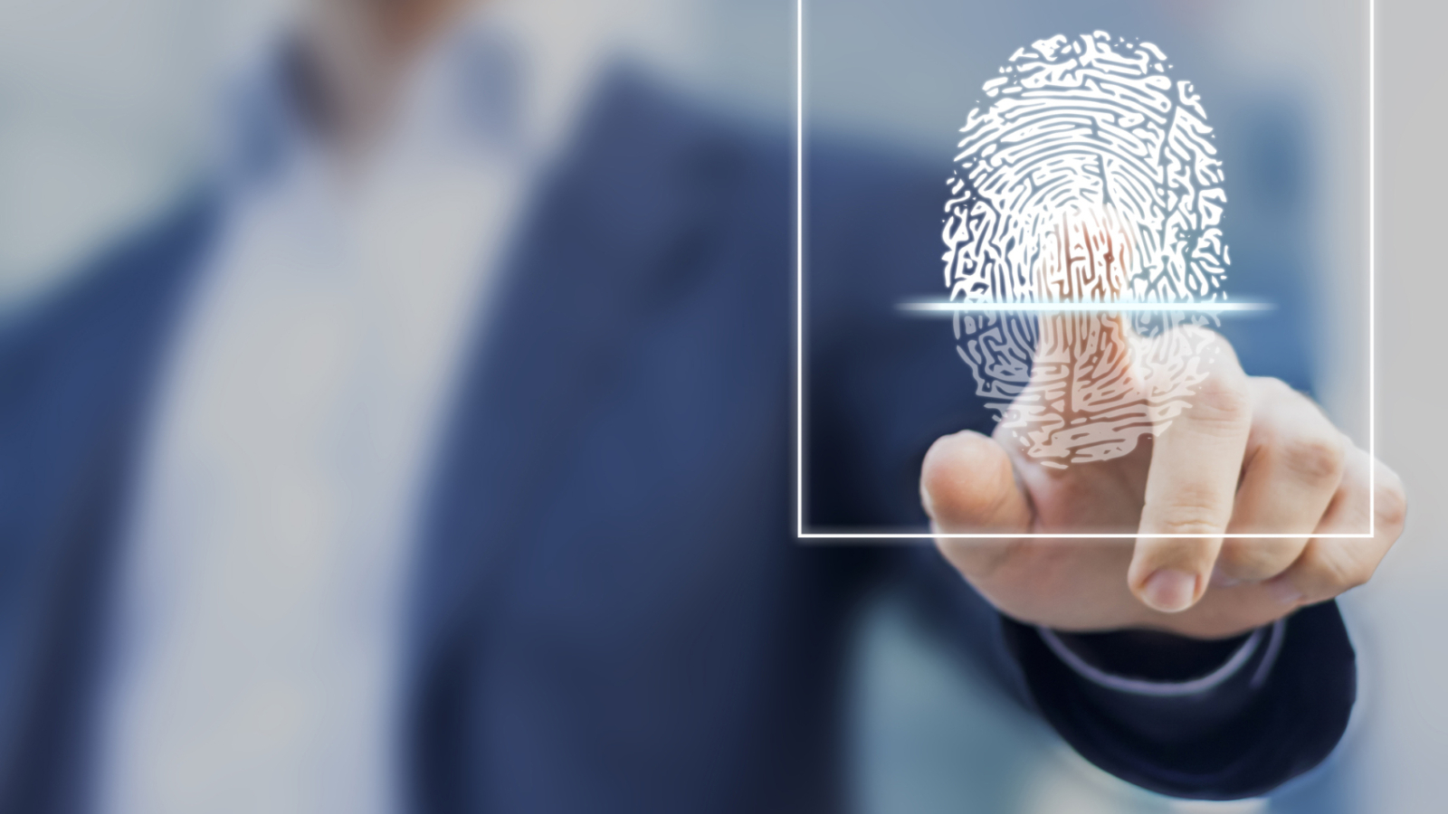 Fingerprint scan provides security access with biometrics identification, person touching screen with finger in background