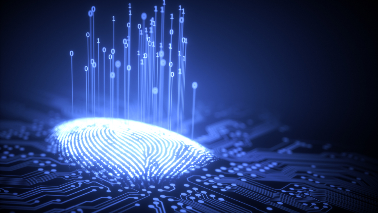 3D illustration. Fingerprint integrated in a printed circuit, releasing binary codes.