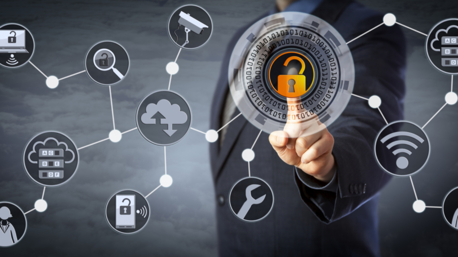 Blue chip manager is unlocking a virtual locking mechanism to access shared cloud resources. Internet concept for identity & access management, cloud storage, cybersecurity and managed services.